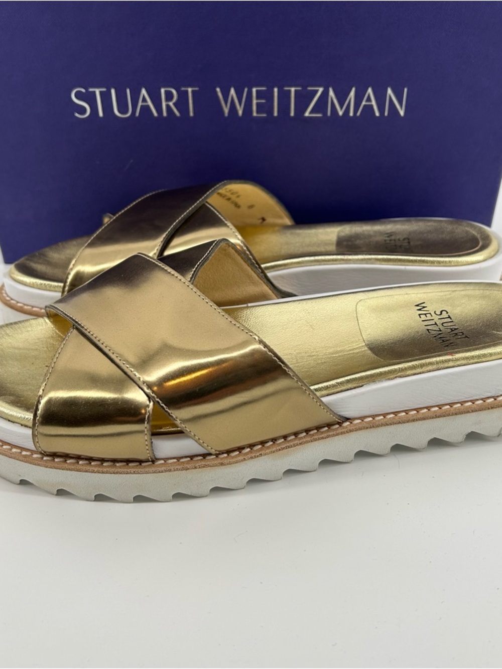 Stuart Weitzman Metallic Gold Crisscross Slide Mules - Picture 5 of 7